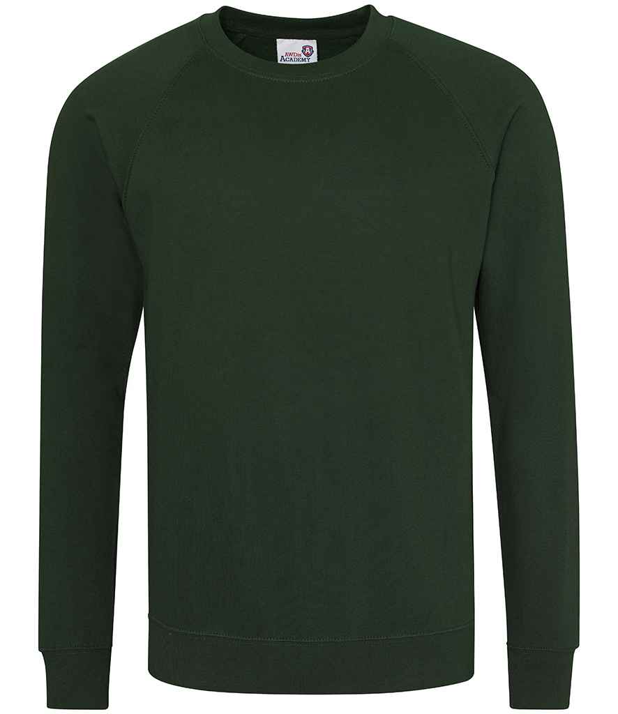 AWDis Academy Senior Raglan Sweatshirt in a solid burgundy color with long sleeves and a crew neck design.
