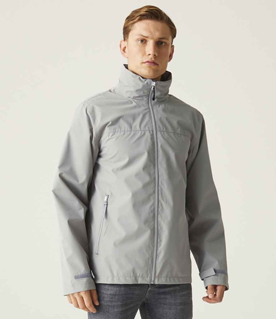 model wearing Regatta RG374 (TRW532) Ascender Waterproof Shell Jacket in mineral grey/black
