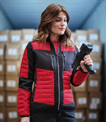 Model wearing the Regatta E-Volve Unisex Thermal Hybrid Jacket in Classic Red/Black