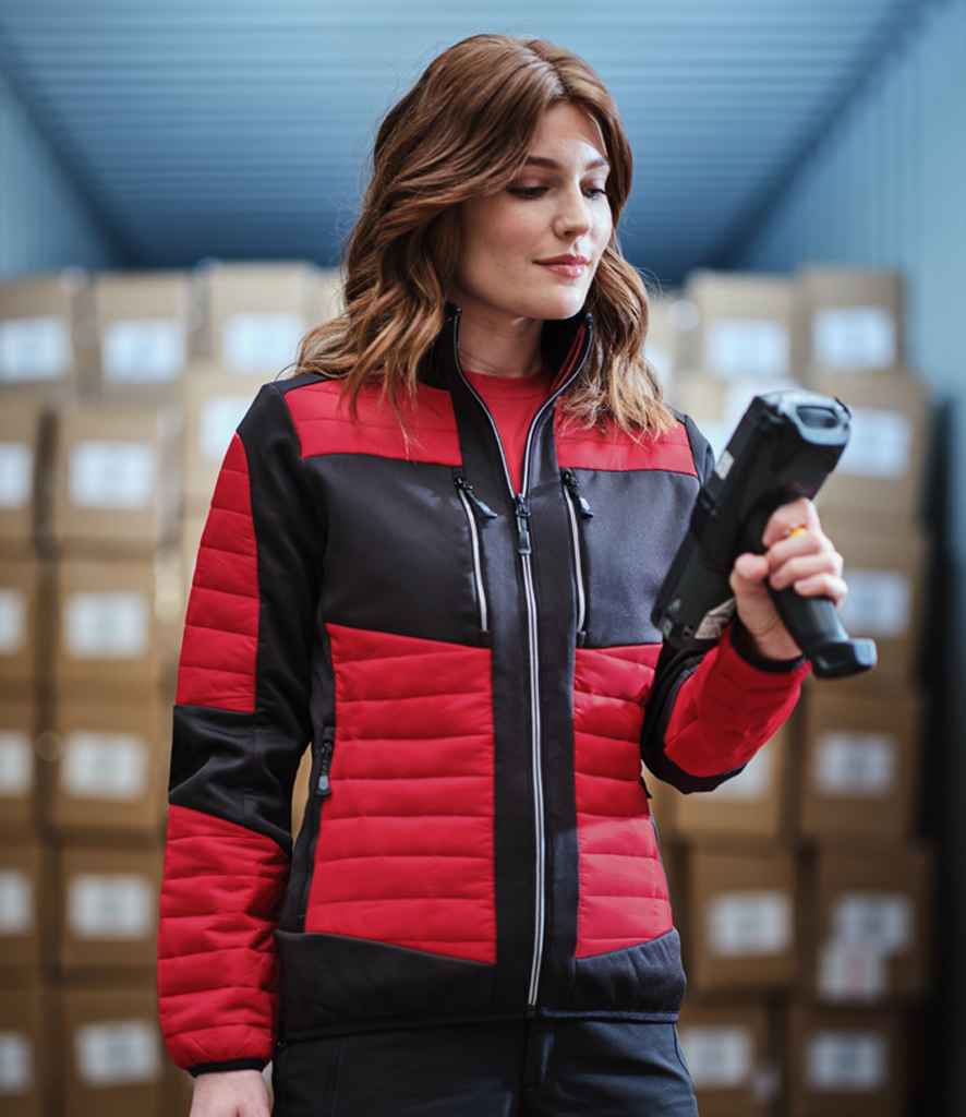 Model wearing the Regatta E-Volve Unisex Thermal Hybrid Jacket in Classic Red/Black