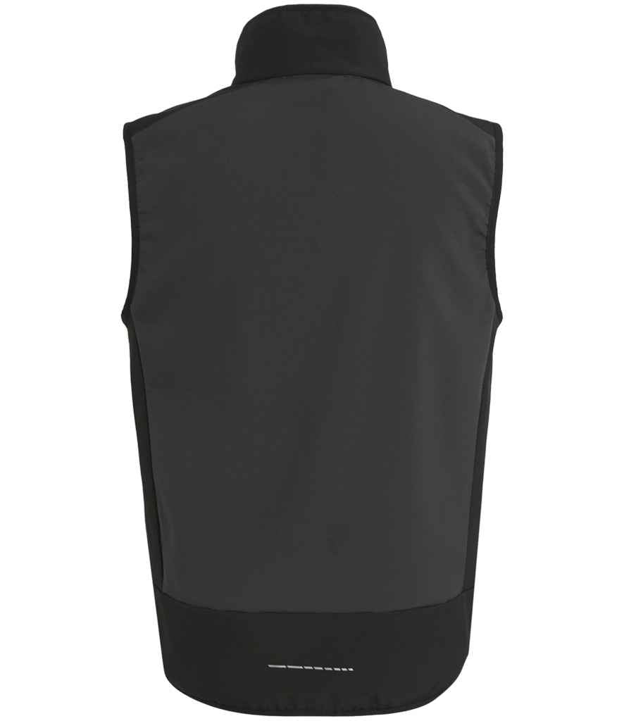 Rear view of RG385 Regatta E-Volve Unisex Two Layer Soft Shell Bodywarmer in Ash / Black