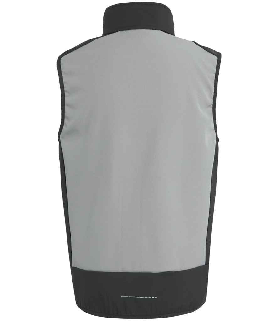 Rear view of RG385 Regatta E-Volve Unisex Two Layer Soft Shell Bodywarmer in Mineral Grey / Black