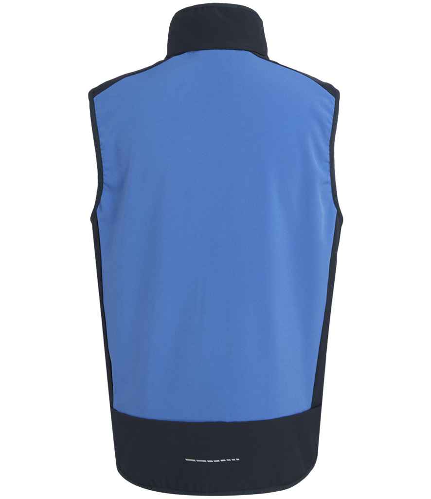 Rear view of RG385 Regatta E-Volve Unisex Two Layer Soft Shell Bodywarmer in Strong Blue / Navy