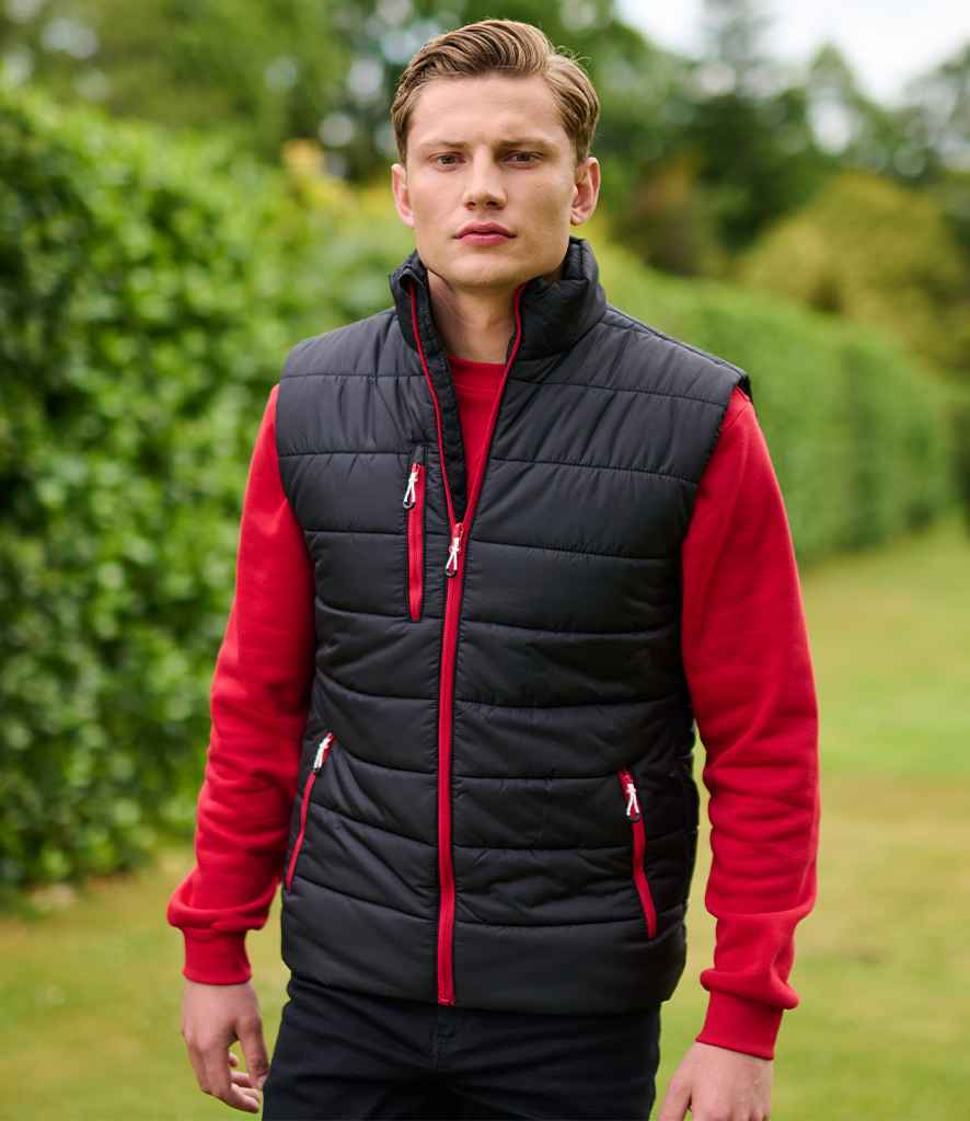 Model wearing the Regatta Navigate Thermal Bodywarmer in Black / Classic Red