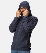 Model wearing the RG451 Regatta Navigate Full Zip Hooded Fleece Jacket in Navy / Seal Grey with hood up