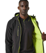 Model showcasing the inner lining of the Regatta Navigate Two Layer Hooded Soft Shell Jacket RG454 in Black / Lime Green
